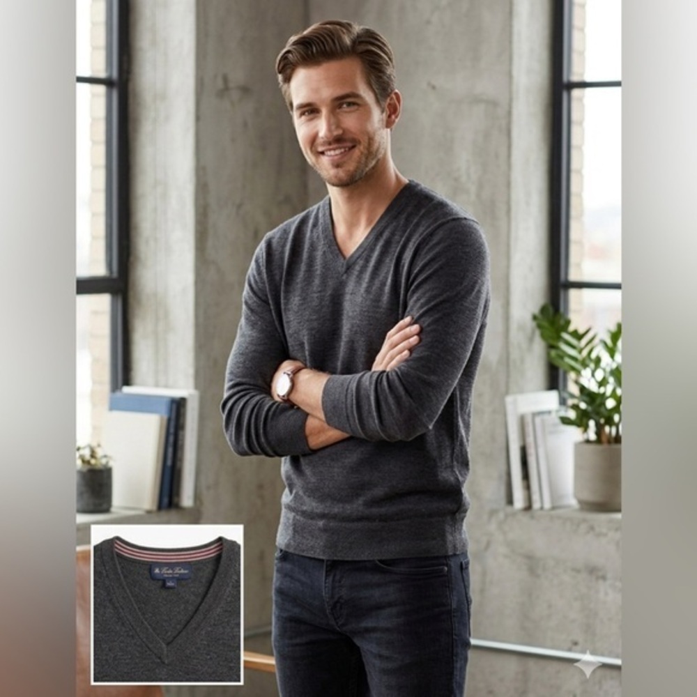Brooks Brothers Men’s Large Windsor Gray Washable Italian Wool Sweater Top L